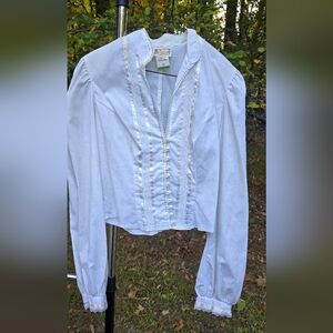 Gunne Sax White Long Sleeve Blouse with Lace Pearl Trim